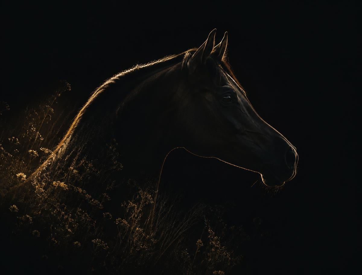 Gold rim-lit silhouette of a champion Arabian horse against onyx darkness