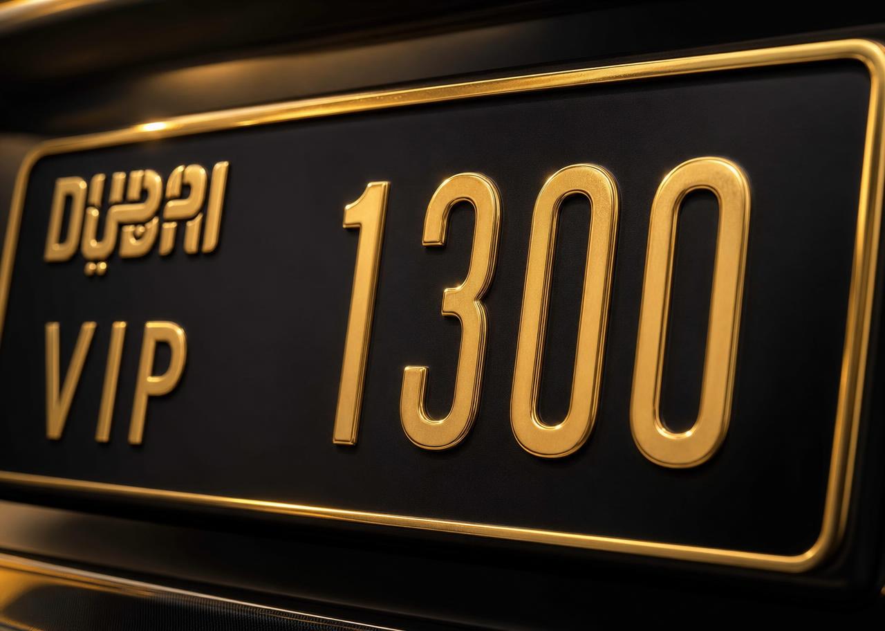 Close-up of a gold Dubai VIP license plate numbered 1300