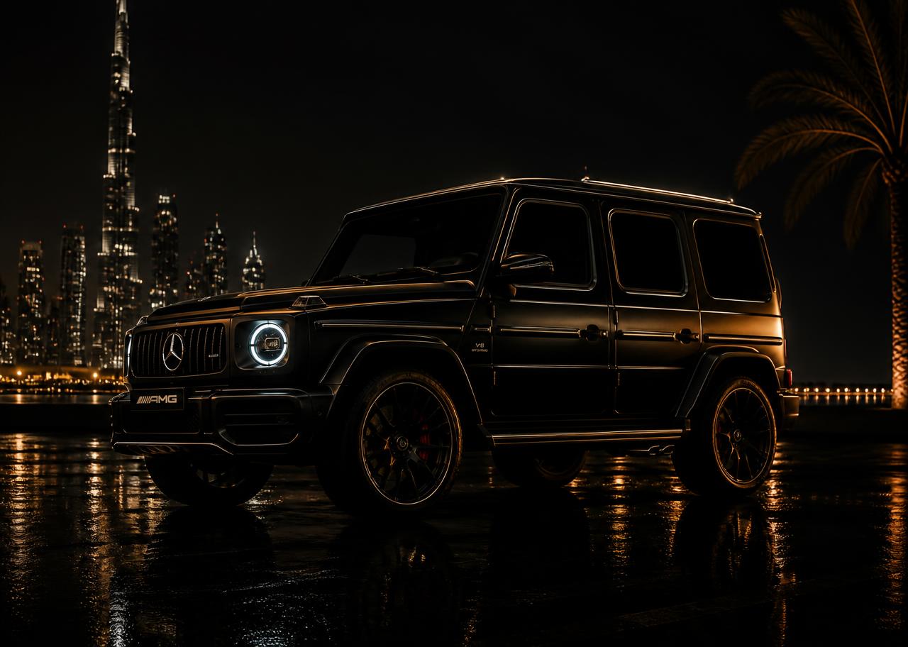 Matte black AMG G-Wagon at night in Dubai with gold rim lighting