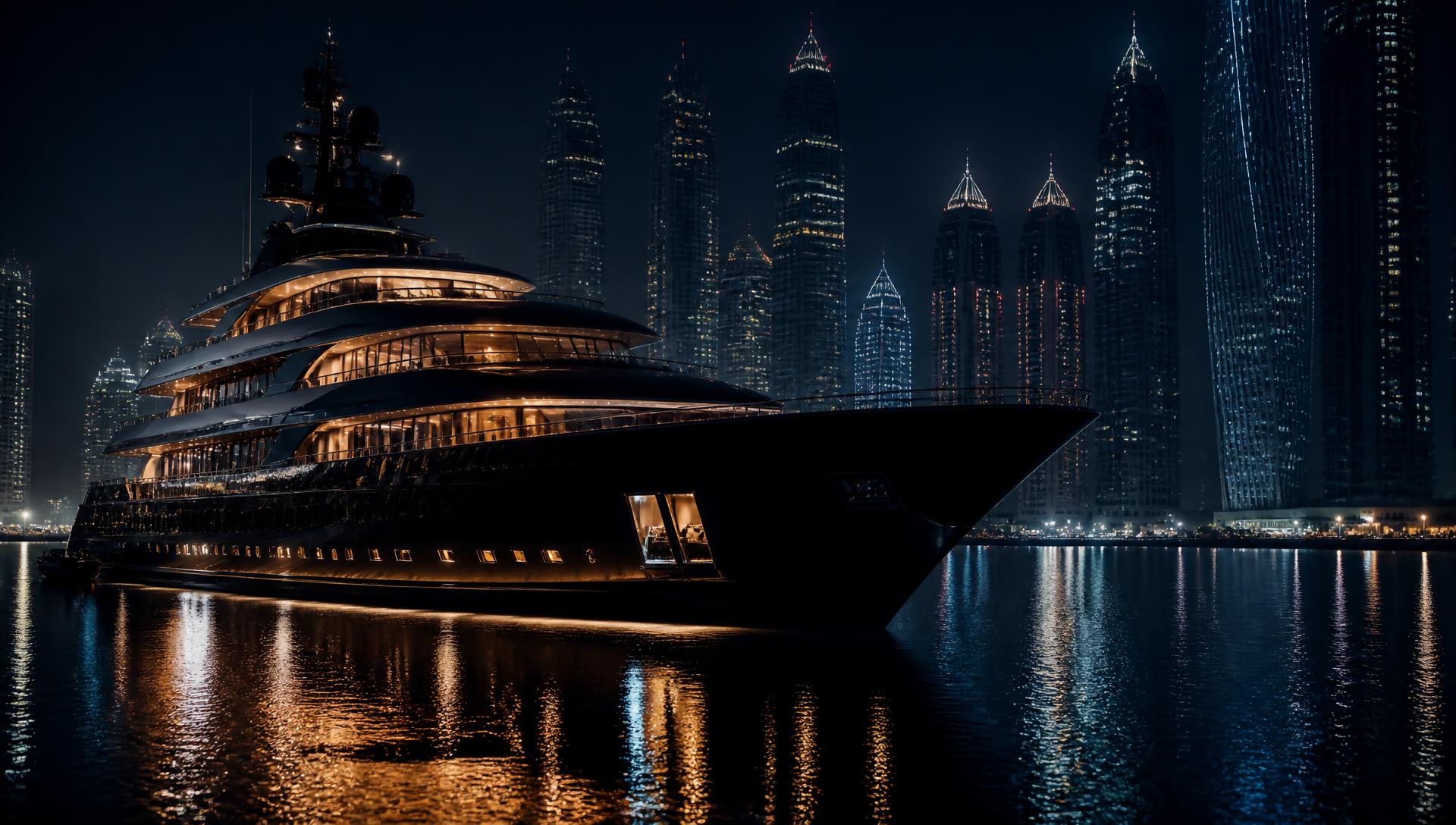 Superyacht glowing at night in Dubai Marina